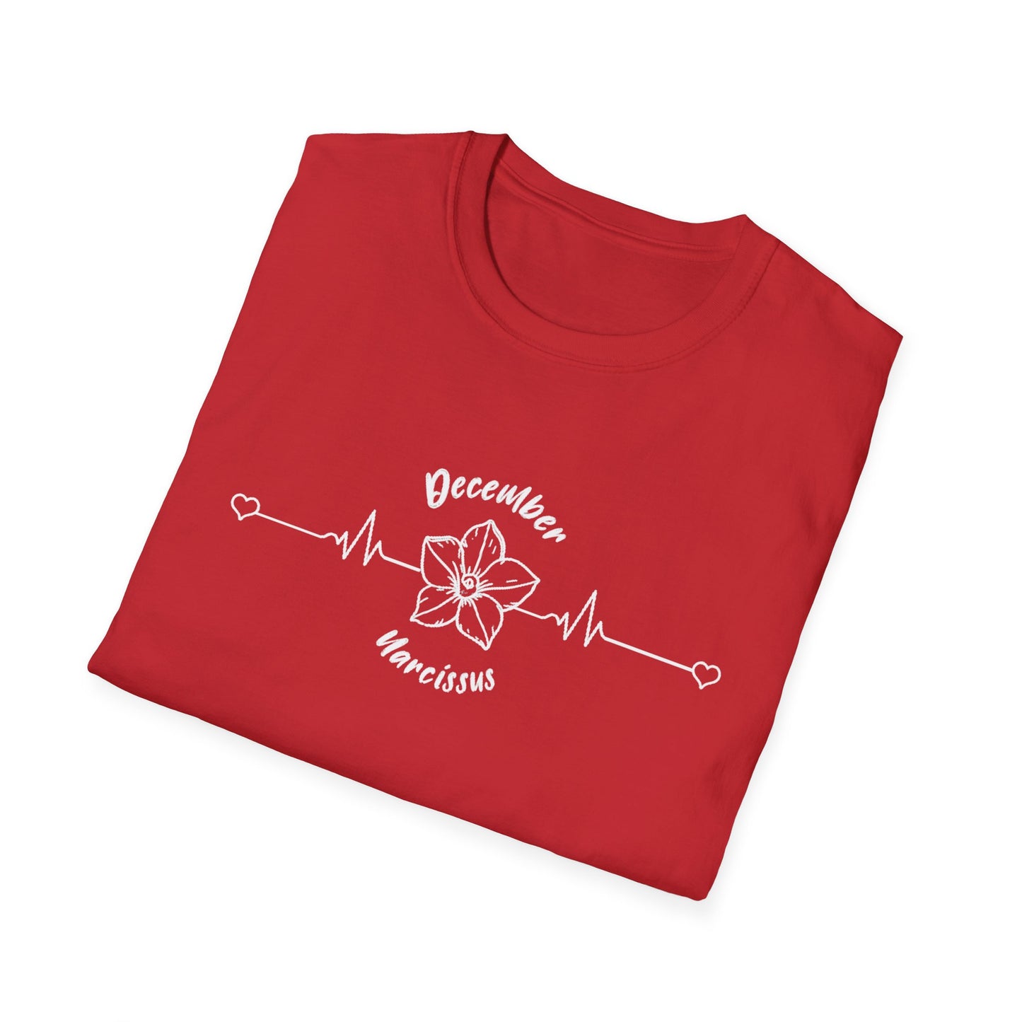 December Narcissus T-Shirt - Minimalistic Birthday Flower with Heartbeat Design