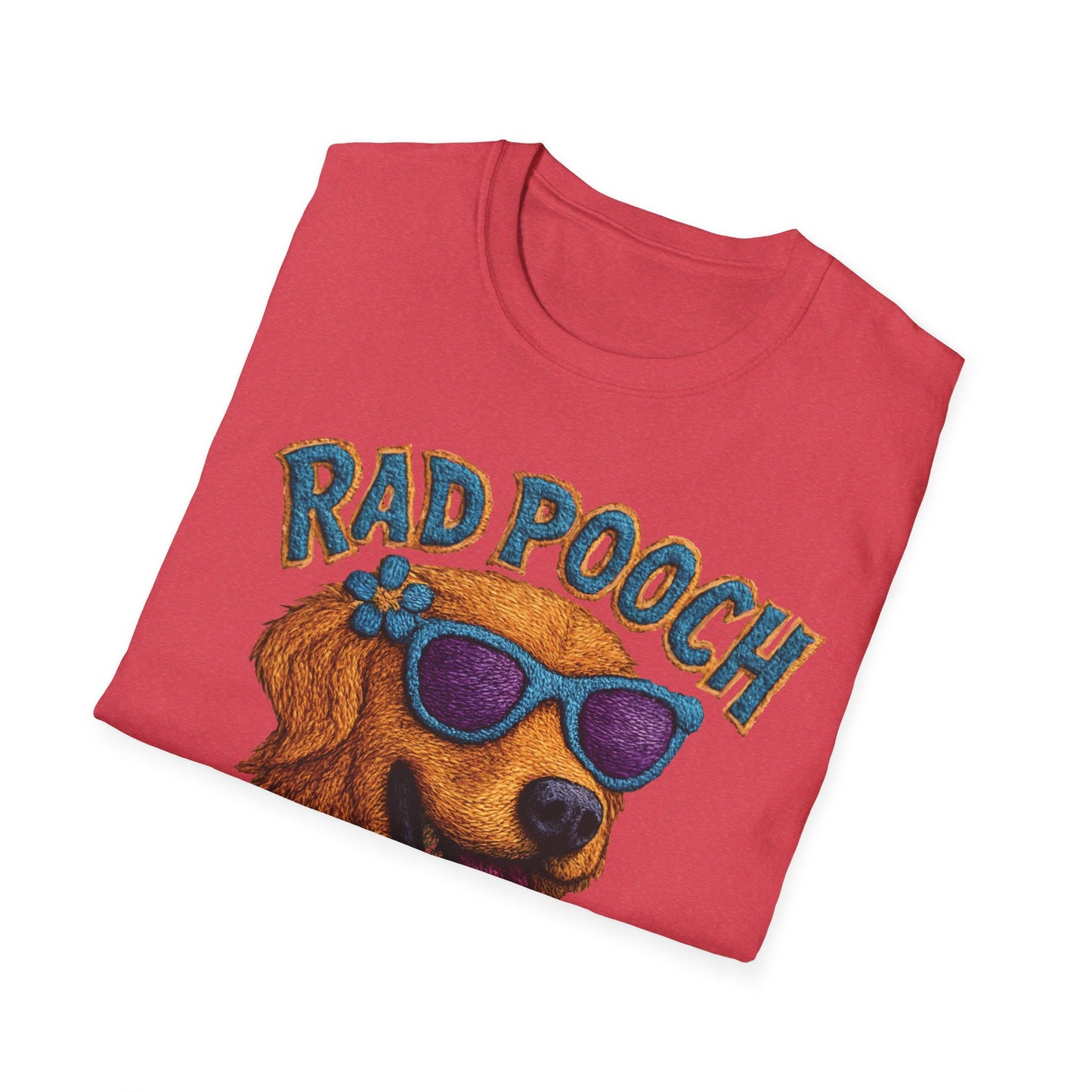 Rad Pooch โ Embroidery-Like Style Cartoon Golden Retriever Dog With Floral T-Shirt