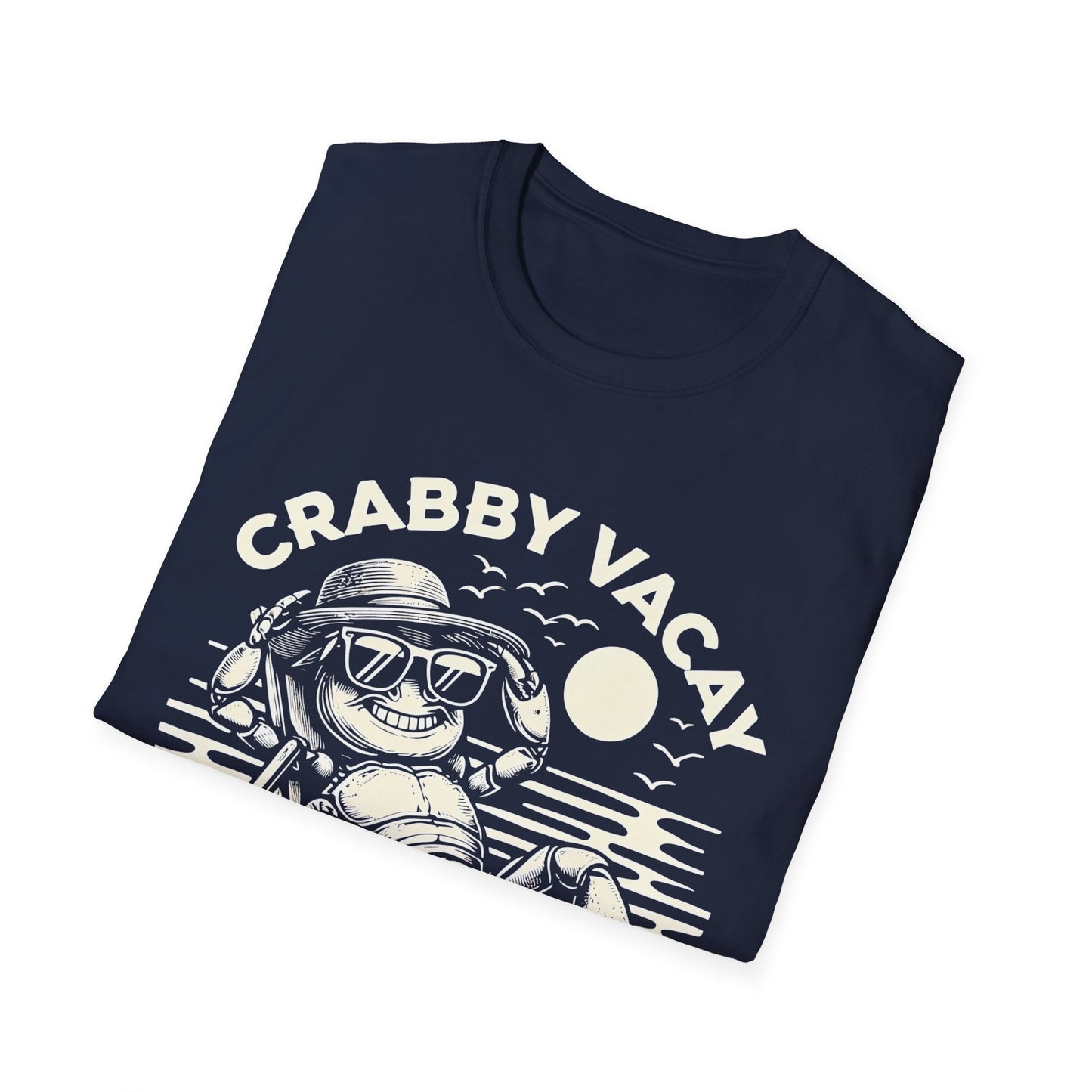 Crabby Vacay - Playful Monochrome Happy Crab Wearing Sunglasses in Tropical Scene T-Shirt