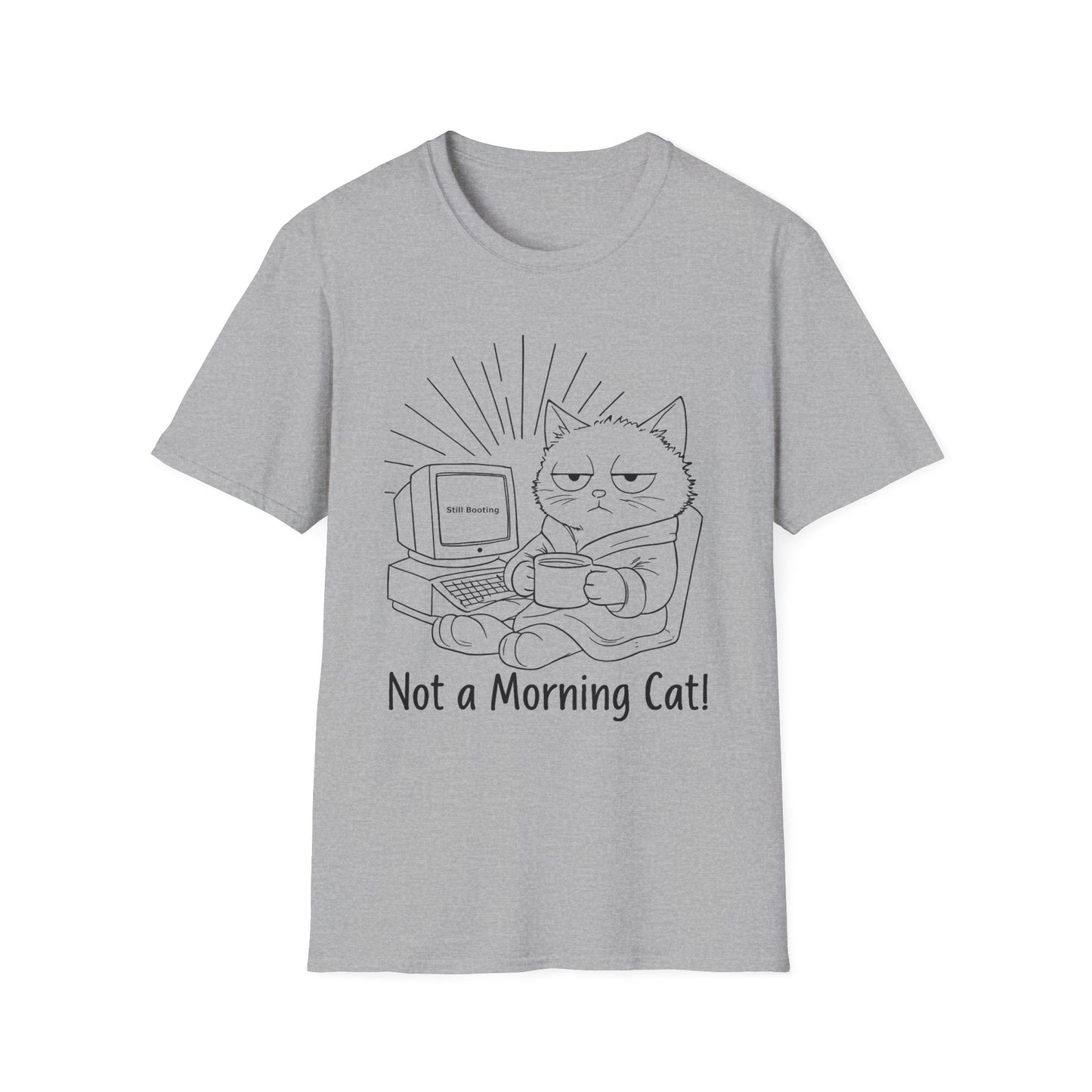 Not A Morning Cat Still Booting T-Shirt -  Sleepy Cartoon Cat in Robe with Coffee Mug and A Computer In the Morning  Design