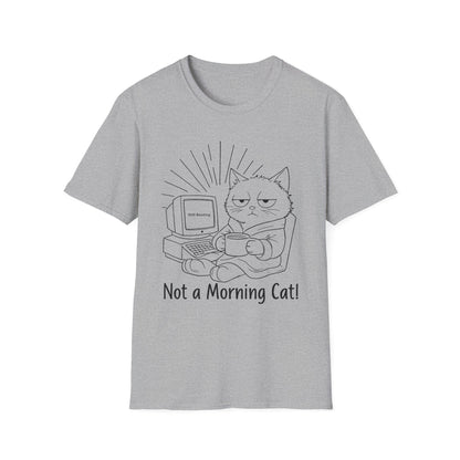 Not A Morning Cat Still Booting T-Shirt -  Sleepy Cartoon Cat in Robe with Coffee Mug and A Computer In the Morning  Design