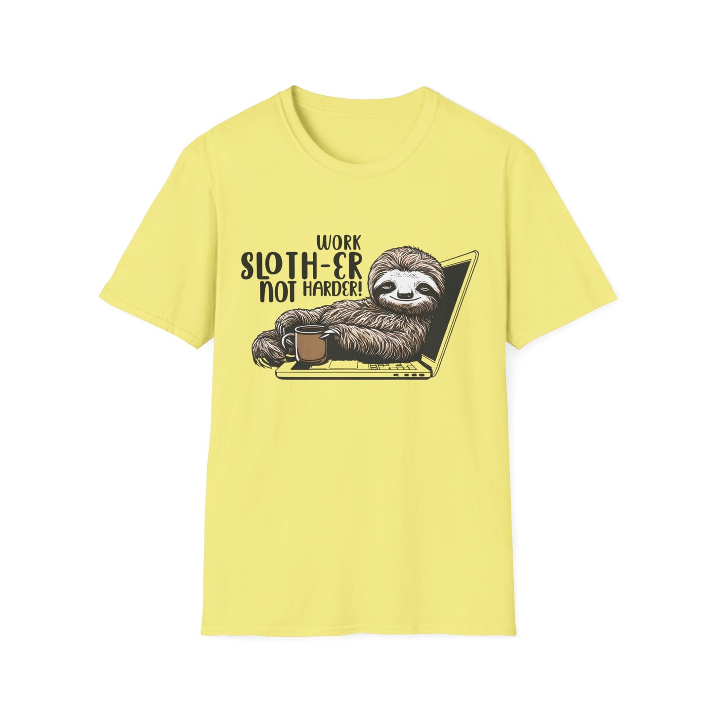 Work Slother Not Harder! - Playful Relaxed Sloth Reclining On Laptop With Coffee Mug T-Shirt