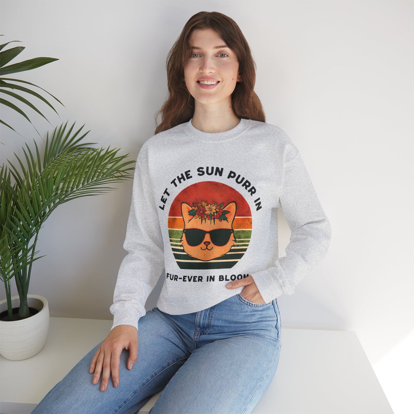 Let the Sun Purr In - Playful Vintage Sunset And A Cat in Sunglasses and Floral Crown Sweatshirt
