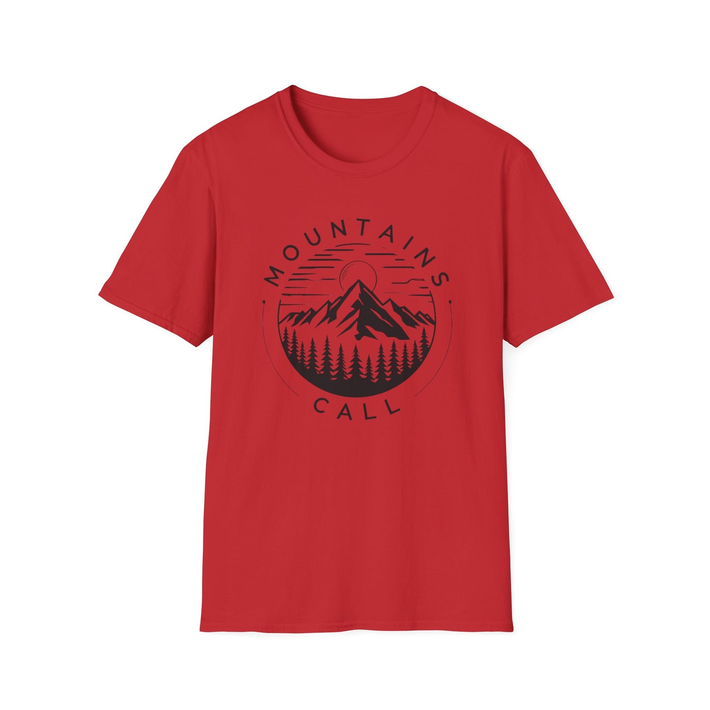Mountains Call T-Shirt – Circular Nature Scene with Mountains, Trees & Sun Design