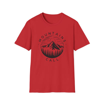 Mountains Call T-Shirt – Circular Nature Scene with Mountains, Trees & Sun Design