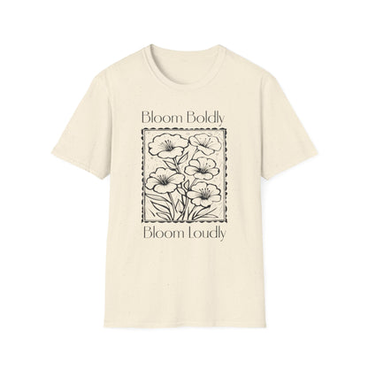 Bloom Boldly And Loudly - Monochrome Flowers With Stamp Border Linocut T-Shirt