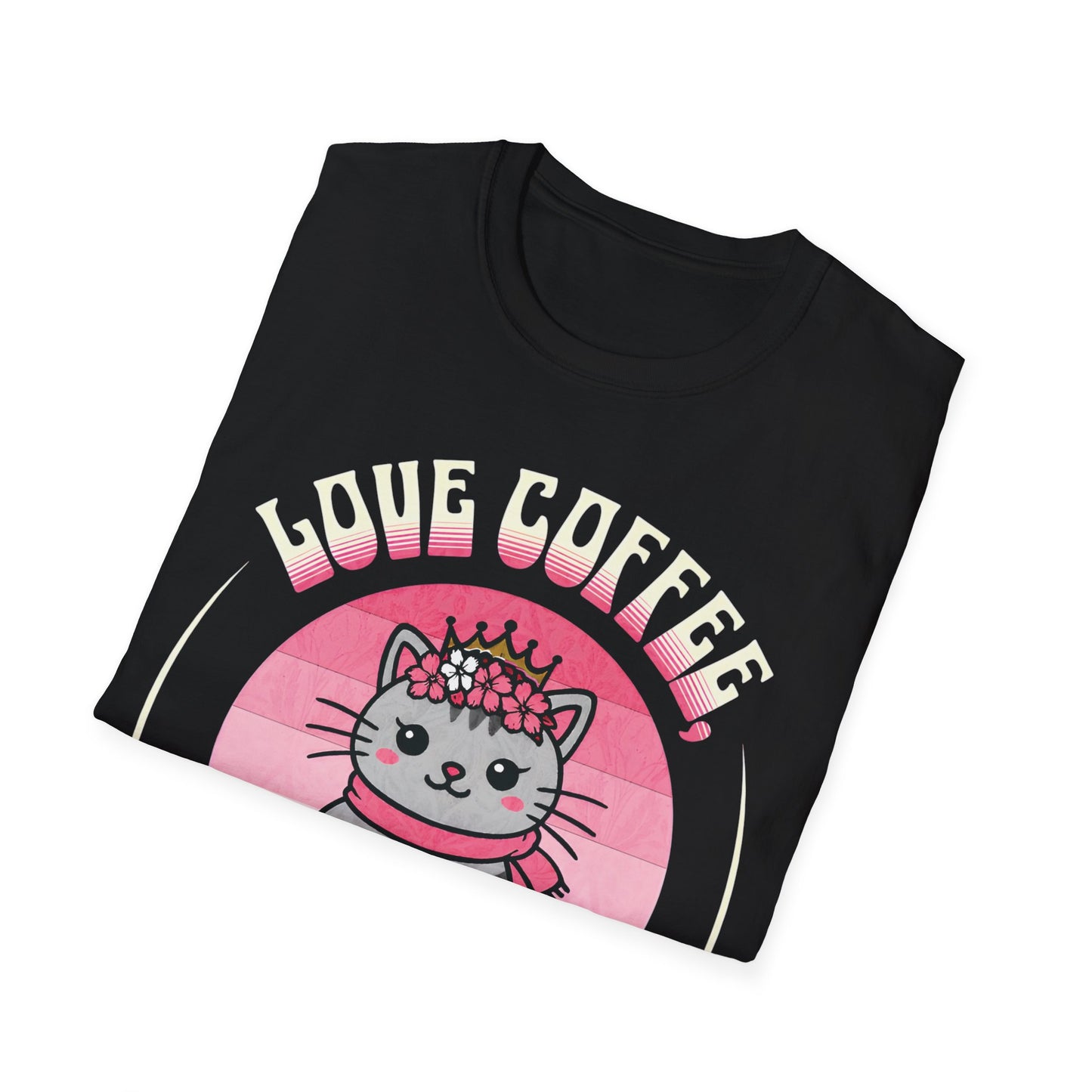 Love Coffee, Flowers and Sunset T-Shirt - Cute Cartoon Cat with Coffee Mug and Floral Crown Pink Sunset Design