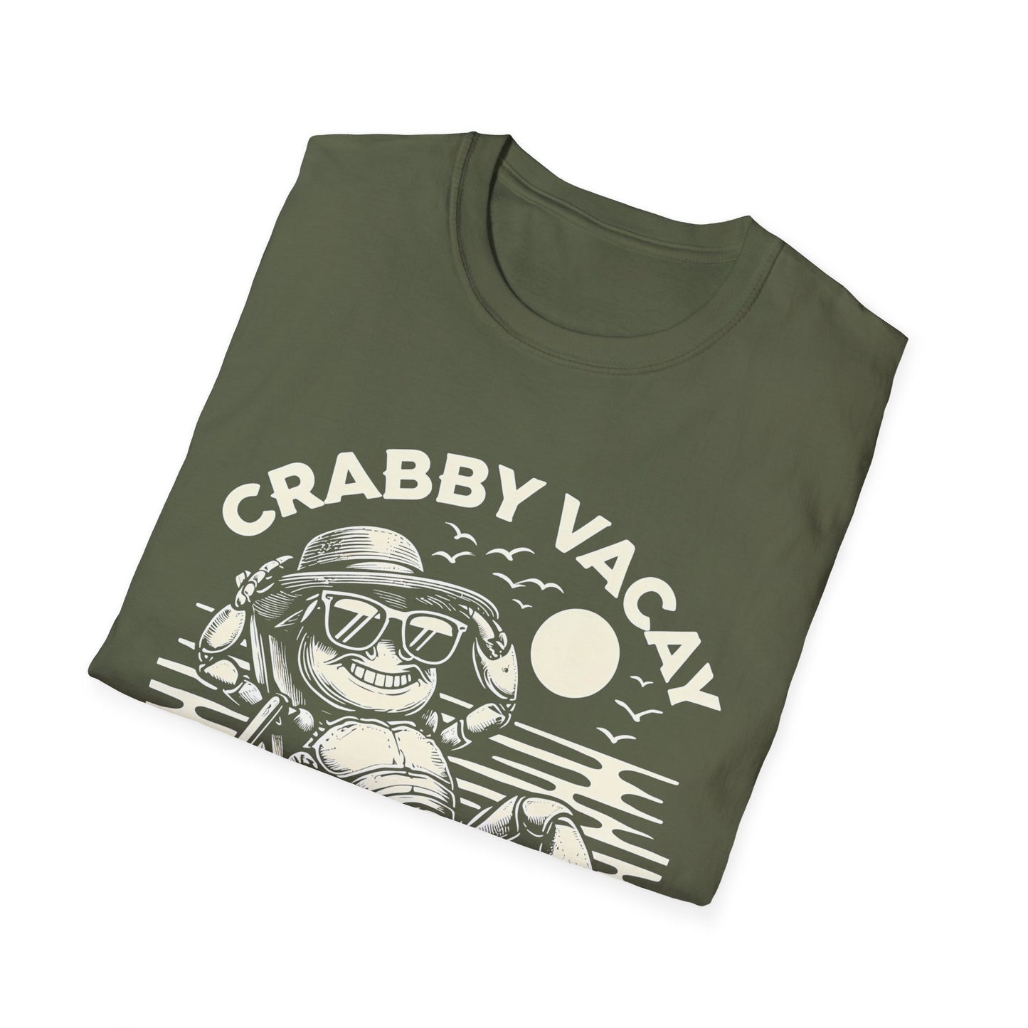 Crabby Vacay - Playful Monochrome Happy Crab Wearing Sunglasses in Tropical Scene T-Shirt