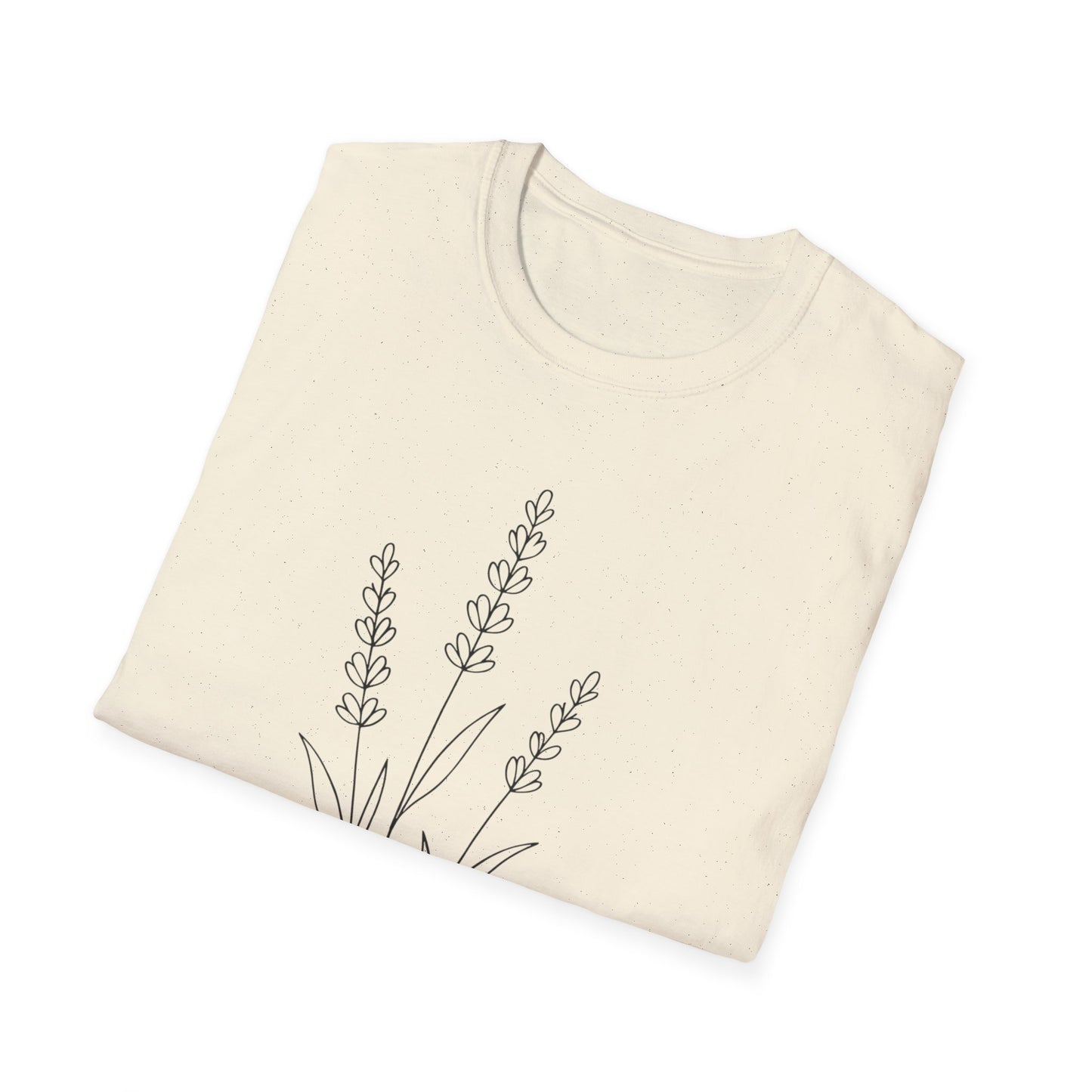 Minimalist Line Drawing of Lavender T-Shirt - Scattered Typography Design