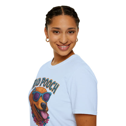 Rad Pooch – Embroidery-Like Style Cartoon Golden Retriever Dog With Floral T-Shirt