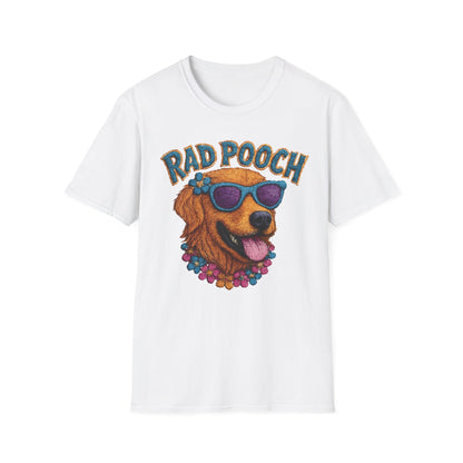Rad Pooch – Embroidery-Like Style Cartoon Golden Retriever Dog With Floral T-Shirt