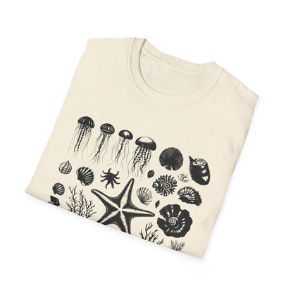 Monochrome Silhouette Grid Marine Creatures T-Shirt