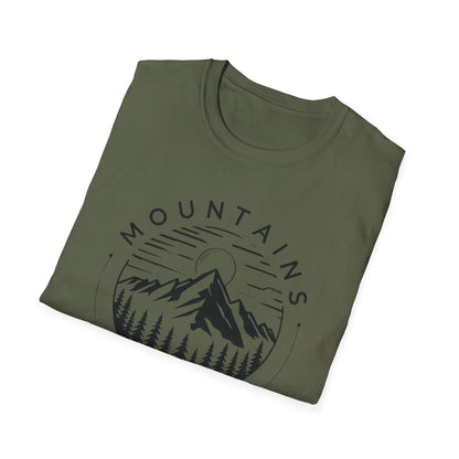 Mountains Call T-Shirt – Circular Nature Scene with Mountains, Trees & Sun Design