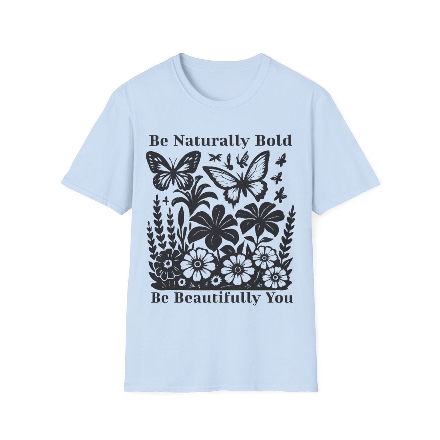 Monochrome Bold Botanical Flowers and Butterflies T-Shirt Design