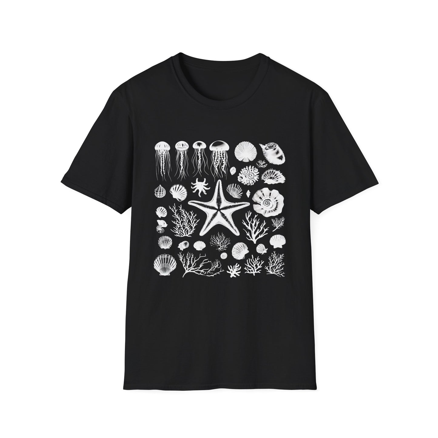 Monochrome Silhouette Grid Marine Creatures T-Shirt