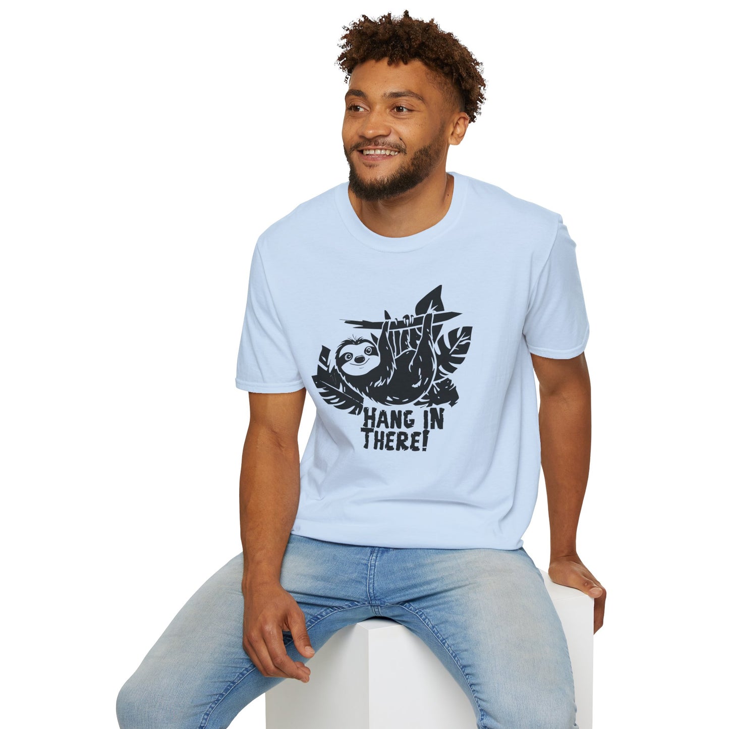 Hang In There! - Playful Minimalistic Sloth Silhouette Hanging Upside Down T-Shirt