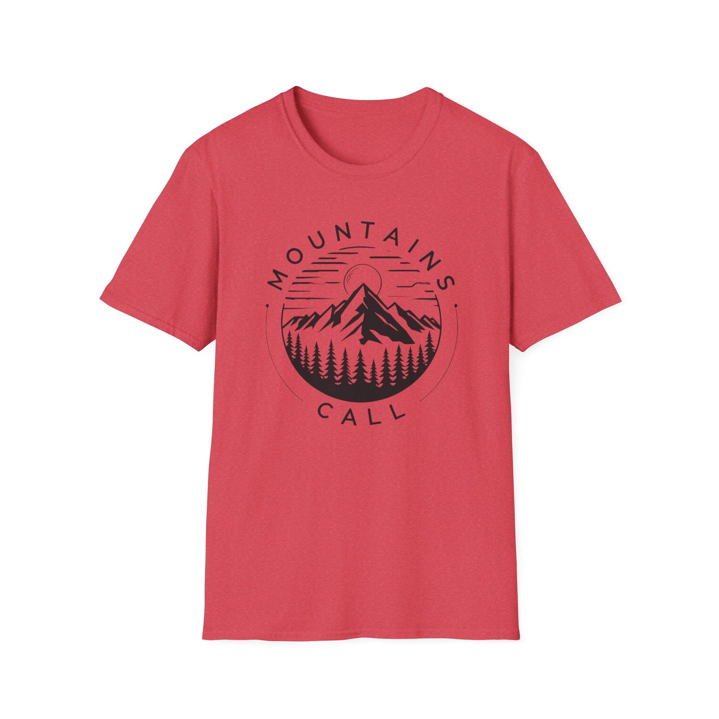 Mountains Call T-Shirt – Circular Nature Scene with Mountains, Trees & Sun Design