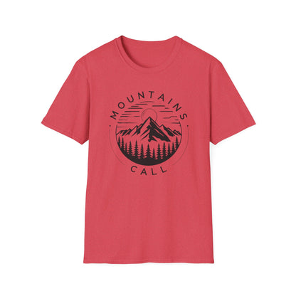 Mountains Call T-Shirt – Circular Nature Scene with Mountains, Trees & Sun Design