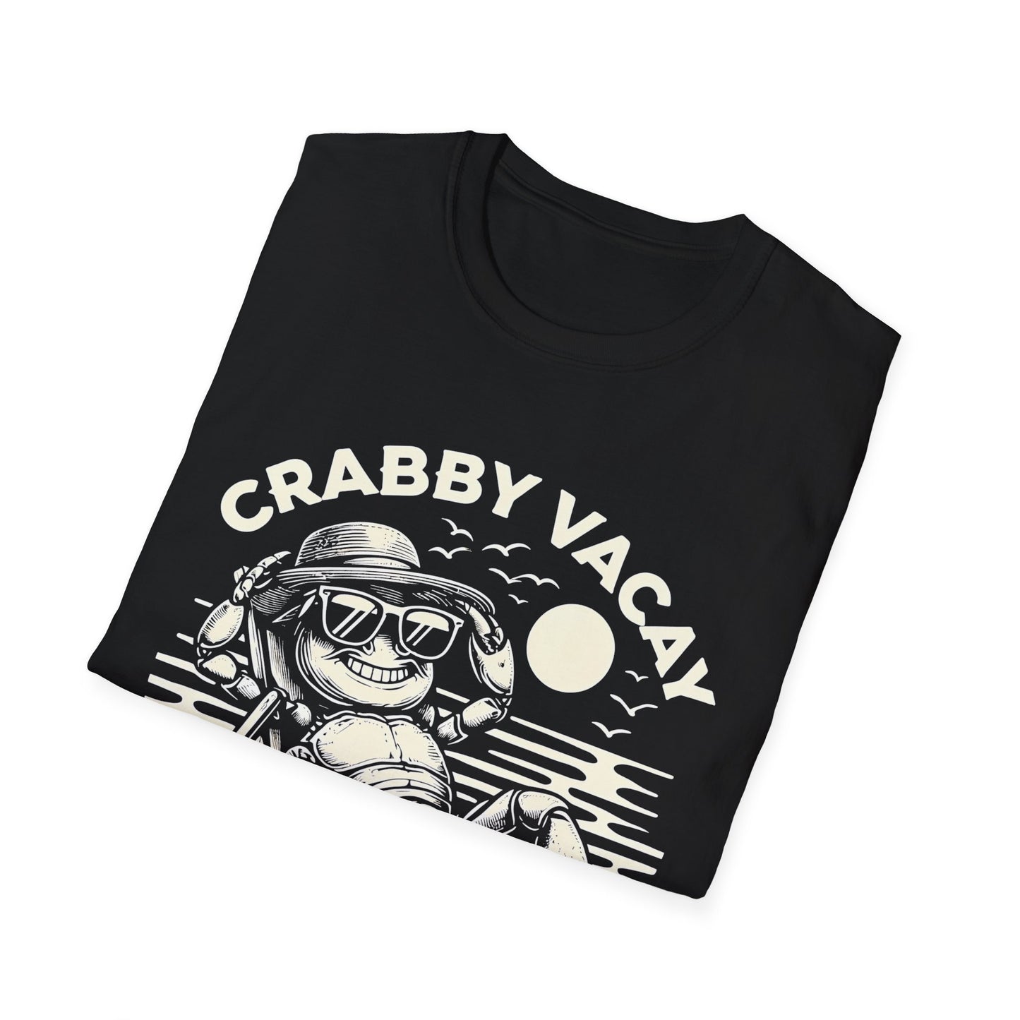 Crabby Vacay - Playful Monochrome Happy Crab Wearing Sunglasses in Tropical Scene T-Shirt