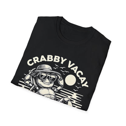 Crabby Vacay - Playful Monochrome Happy Crab Wearing Sunglasses in Tropical Scene T-Shirt