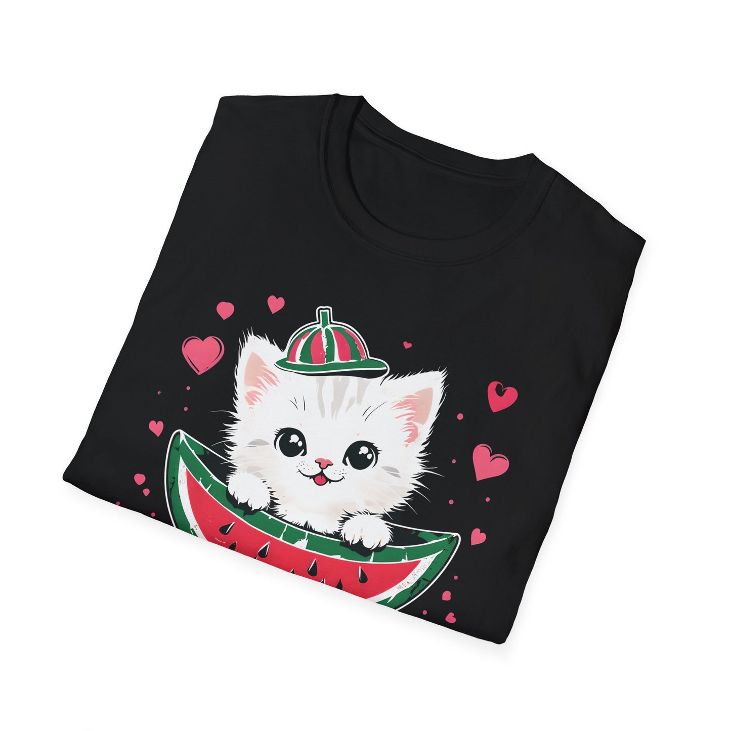 Watermelom Kitty - White Kitten in Watermelon Boat with Hearts  T-Shirt