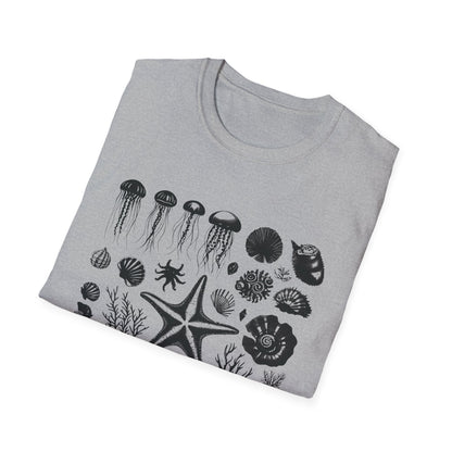 Monochrome Silhouette Grid Marine Creatures T-Shirt