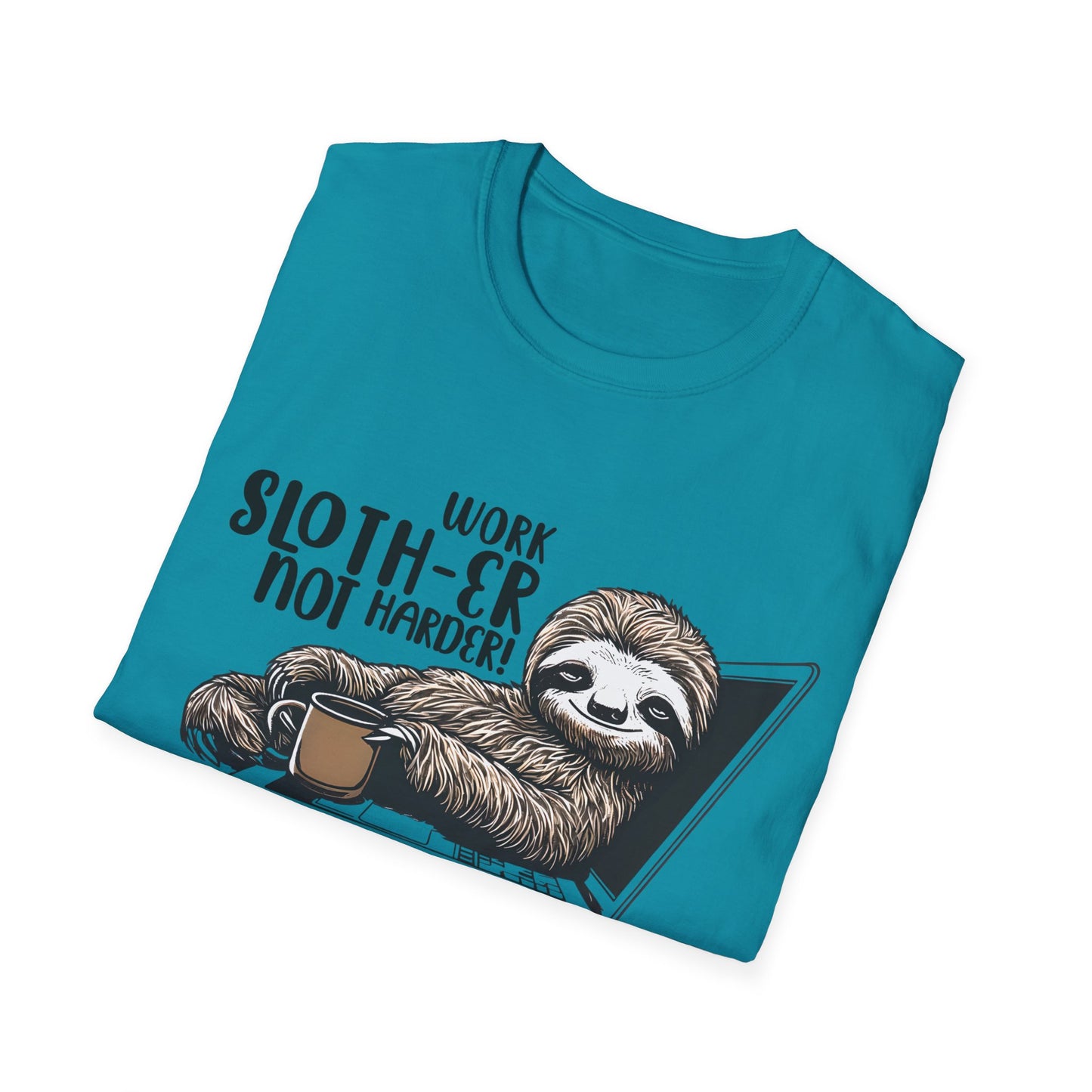 Work Slother Not Harder! - Playful Relaxed Sloth Reclining On Laptop With Coffee Mug T-Shirt