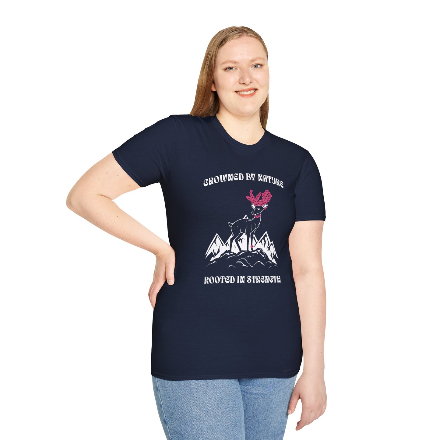 Crowned by Nature Rooted in Strength T-Shirt - Pink Flower Crown Deer Design