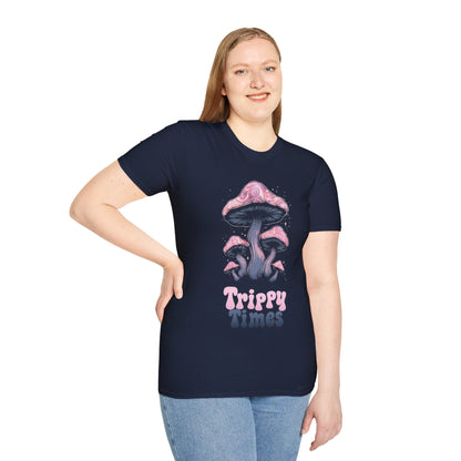 Trippy Times T-Shirt – Whimsical Glowing Pink Mushrooms Design