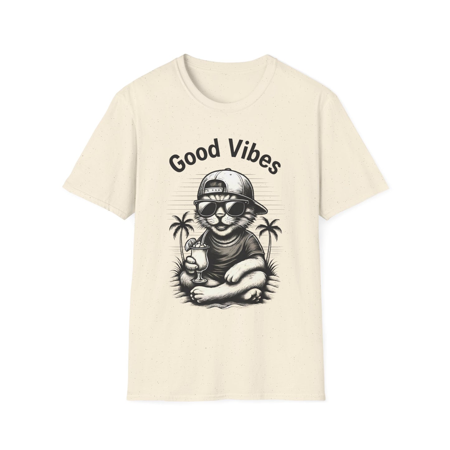 Good Vibes T-Shirt -  Cool Cat Relaxing with Tropical Drink Design