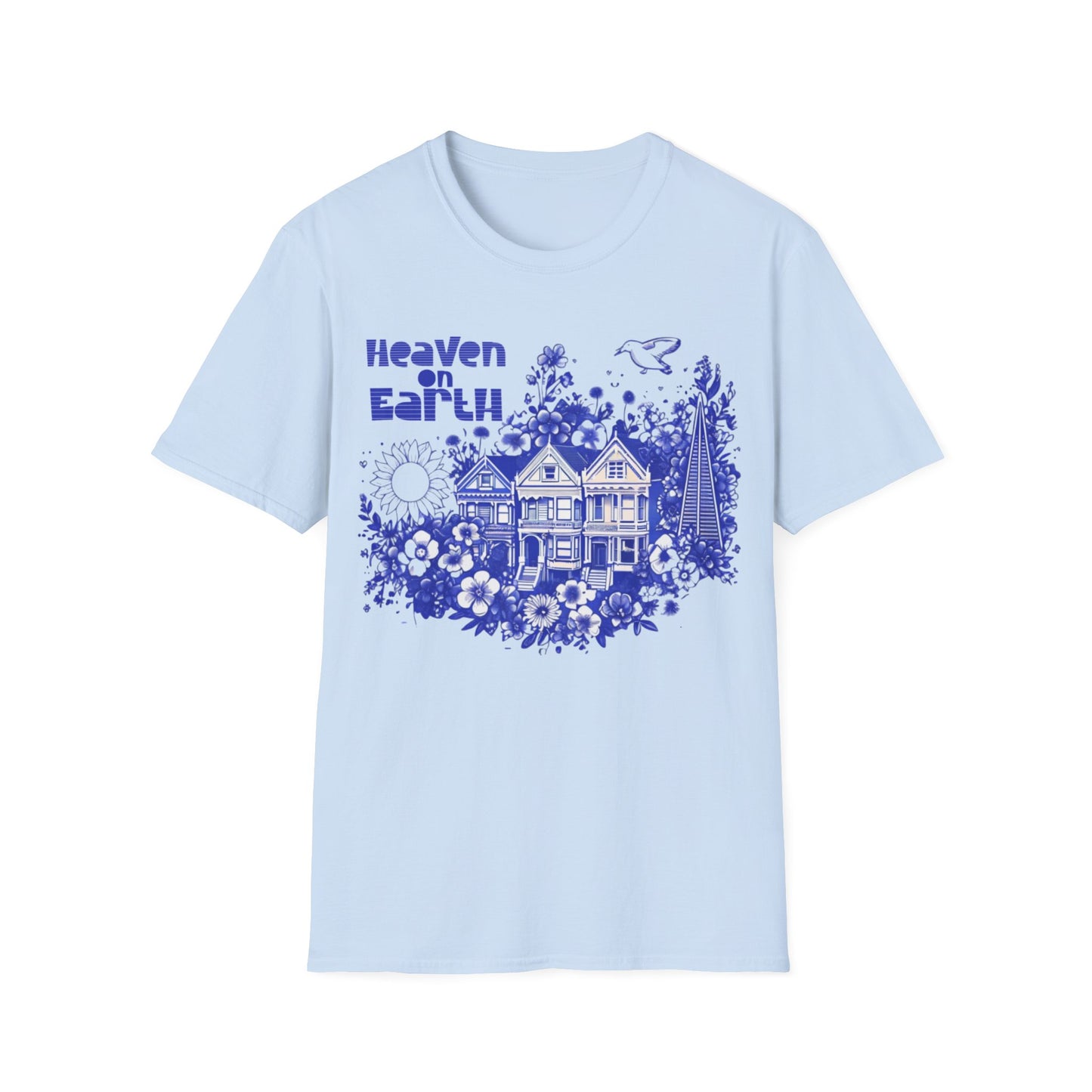 Heaven on Earth - Monochrome Blue Victorian House and Flowers T-Shirt