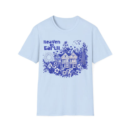 Heaven on Earth - Monochrome Blue Victorian House and Flowers T-Shirt