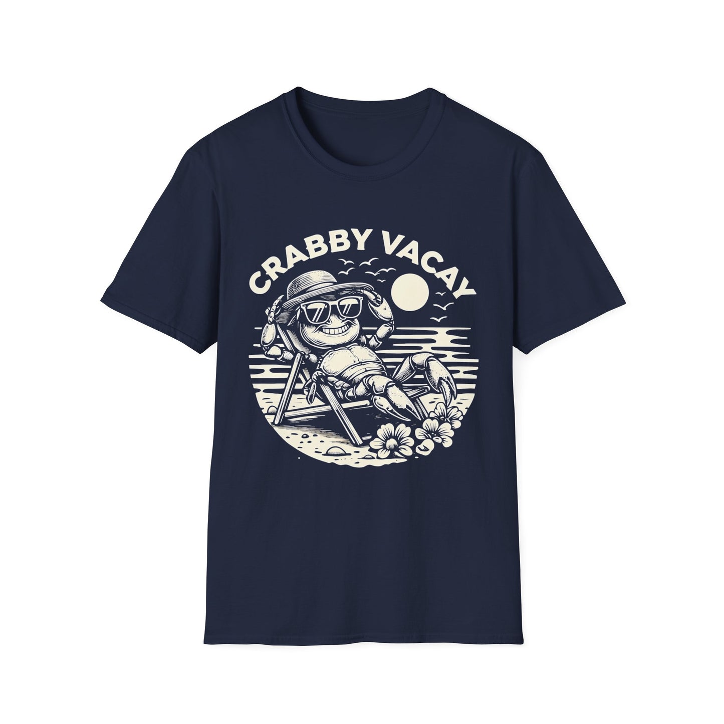 Crabby Vacay - Playful Monochrome Happy Crab Wearing Sunglasses in Tropical Scene T-Shirt