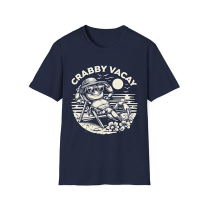Crabby Vacay - Playful Monochrome Happy Crab Wearing Sunglasses in Tropical Scene T-Shirt