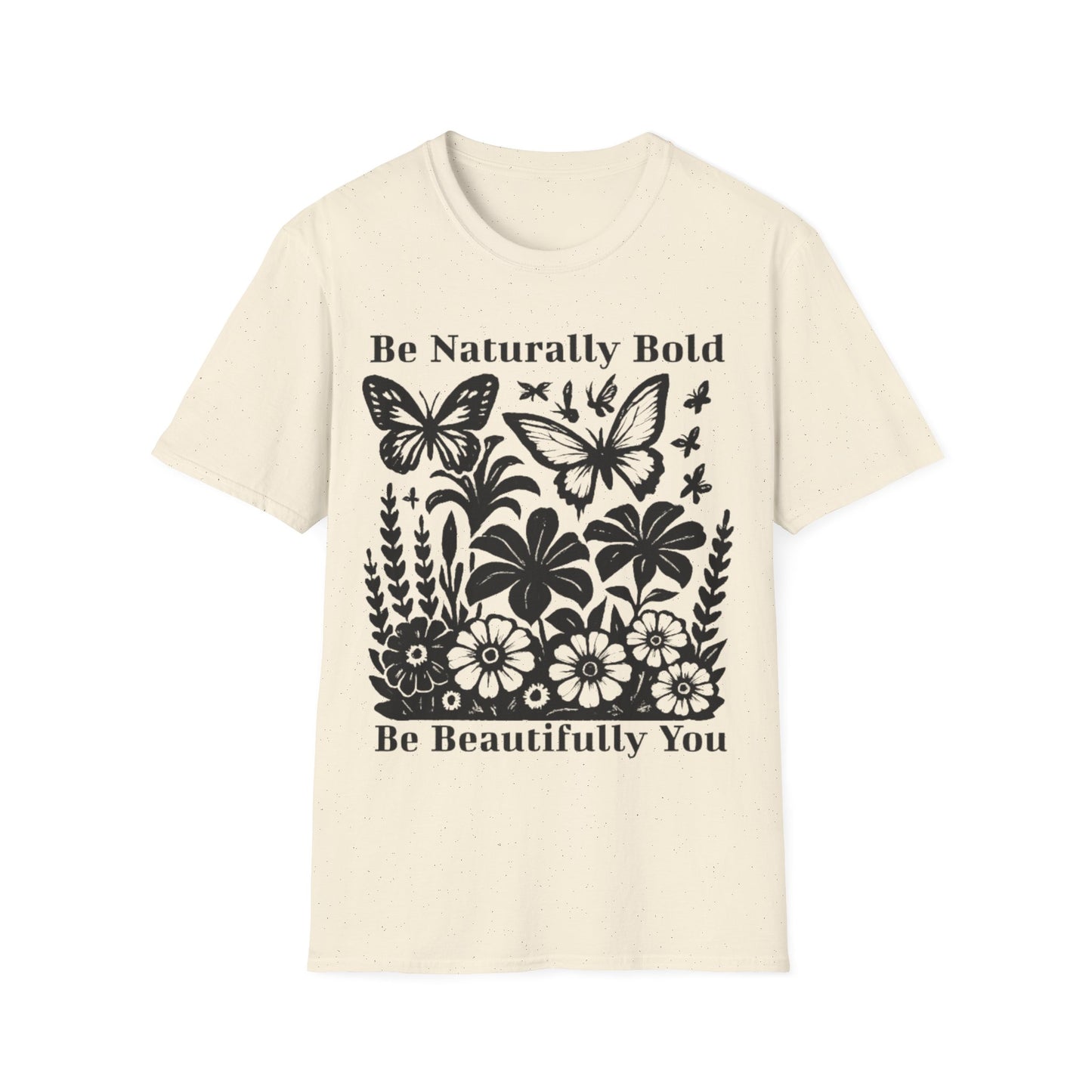 Monochrome Bold Botanical Flowers and Butterflies T-Shirt Design