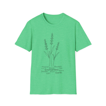 Minimalist Line Drawing of Lavender T-Shirt - Scattered Typography Design