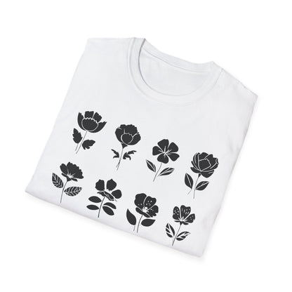 Monochrome Silhouette Grid Flowers T-Shirt