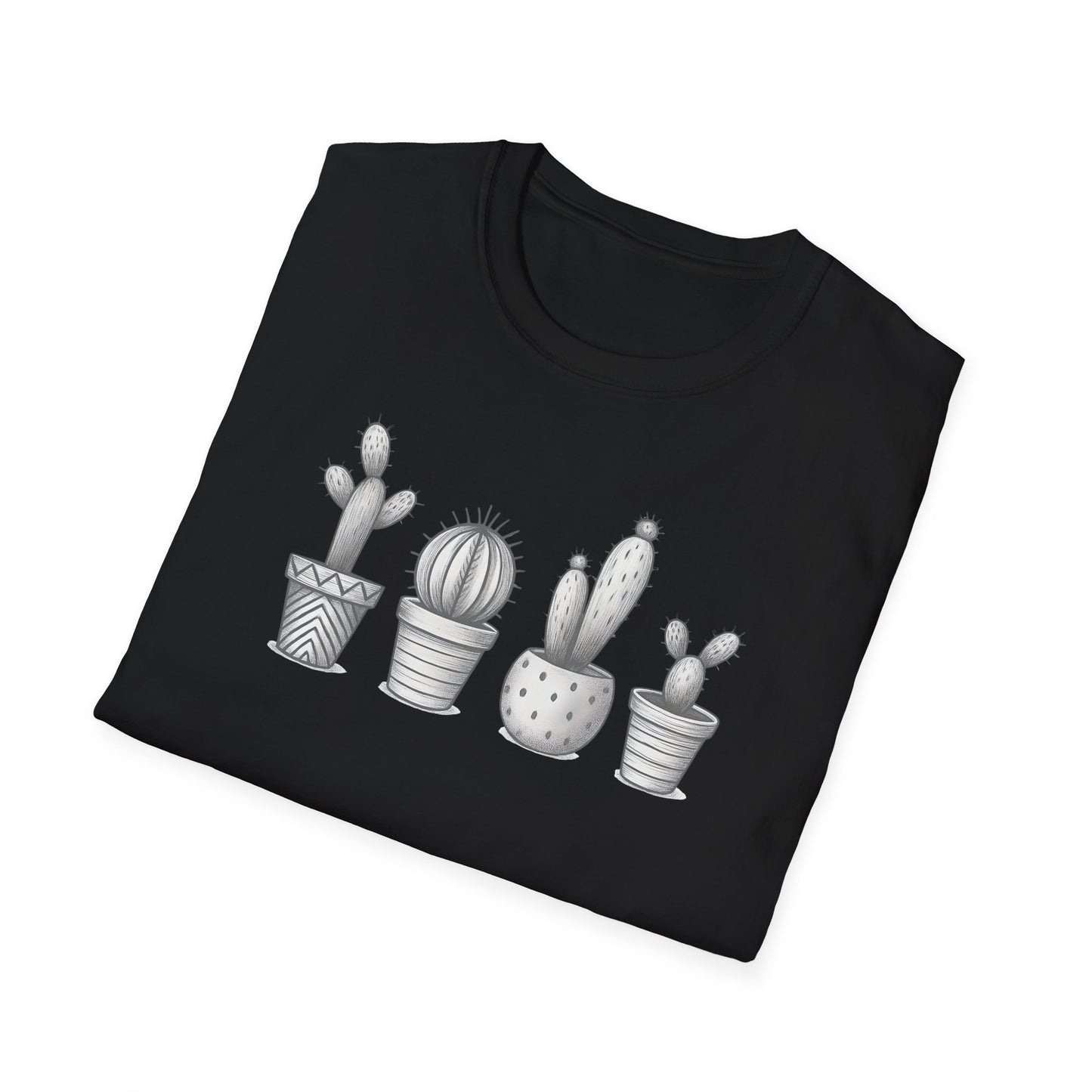 Gray Cacti In Terracotta Pots Line T-Shirt - Botanical Design