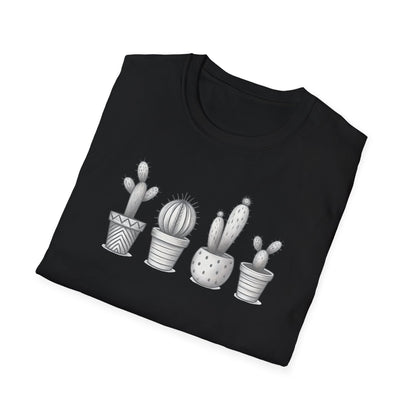 Gray Cacti In Terracotta Pots Line T-Shirt - Botanical Design