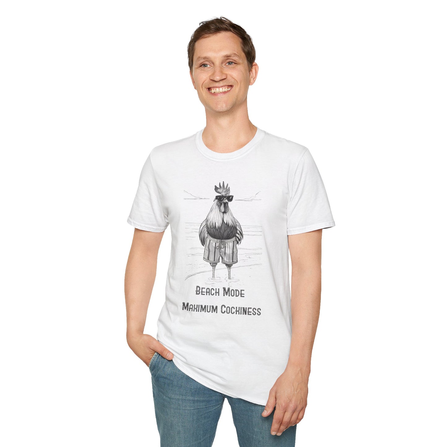Beach Mode: Maximum Cochiness - Playful Rooster On Beach T-Shirt