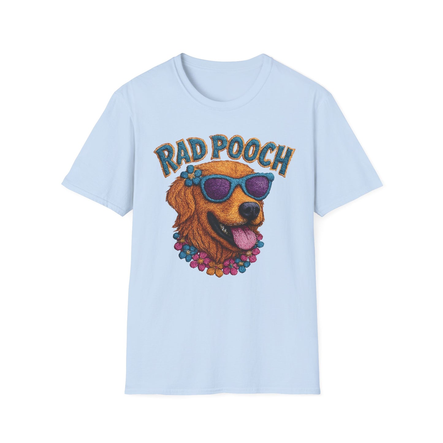 Rad Pooch – Embroidery-Like Style Cartoon Golden Retriever Dog With Floral T-Shirt