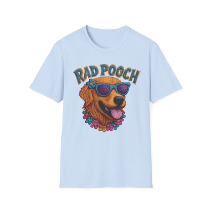 Rad Pooch – Embroidery-Like Style Cartoon Golden Retriever Dog With Floral T-Shirt