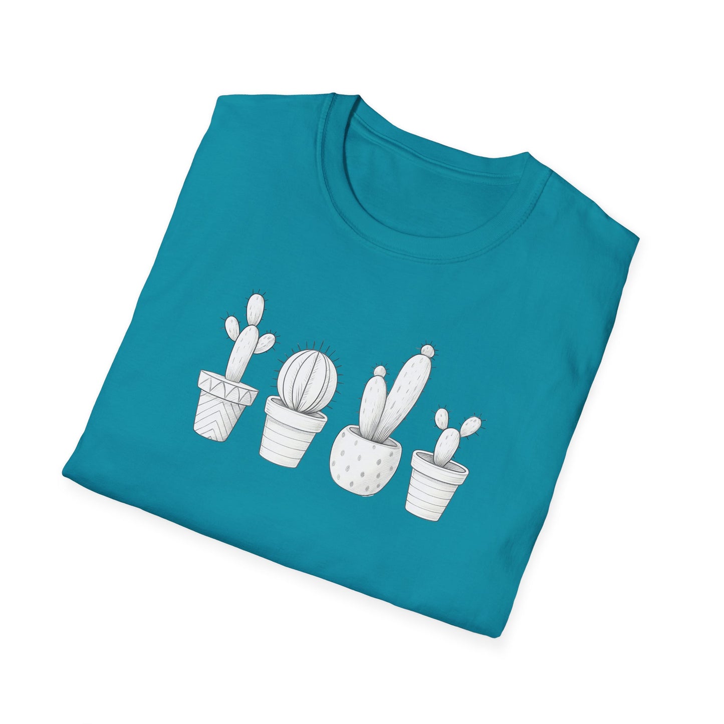White Cacti In Terracotta Pots Line T-Shirt - Botanical Design