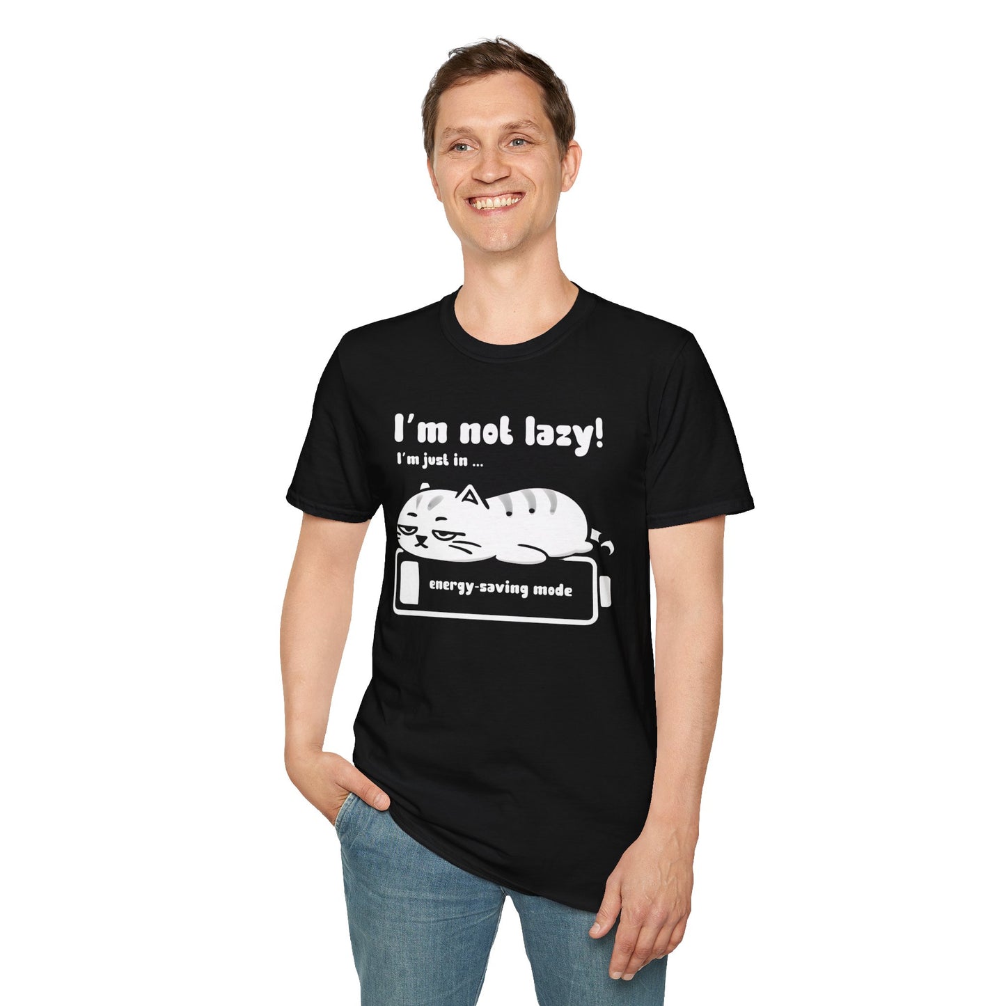 I'm not lazy, I'm Just In Energy Saving Mode - Playful Silhouette Cat On Battery T-Shirt
