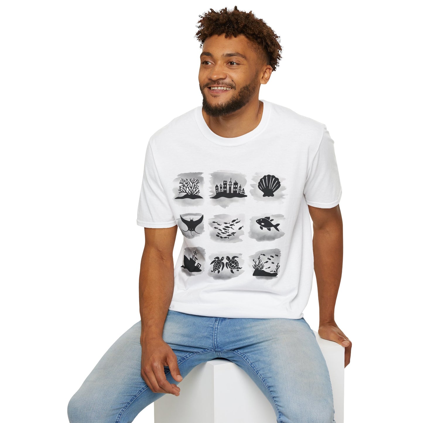 Gird of Marine Elements T-Shirt - Minimalistic silhouette with Gray Background Design