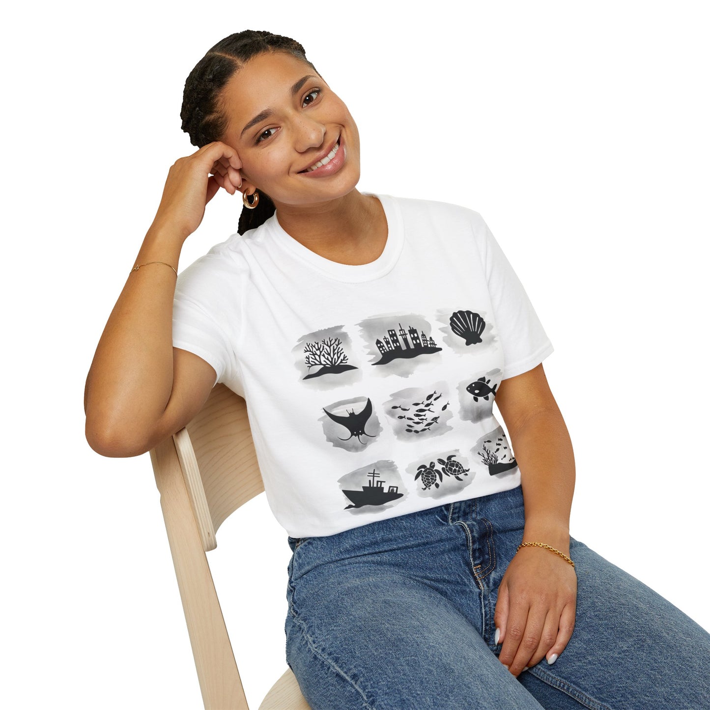 Gird of Marine Elements T-Shirt - Minimalistic silhouette with Gray Background Design