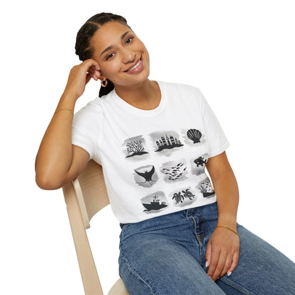 Gird of Marine Elements T-Shirt - Minimalistic silhouette with Gray Background Design