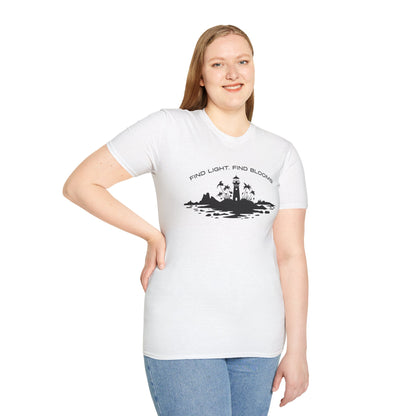 Find Light Find Blooms - Minimalistic Silhouette Lighthouse, Island, Palms and Florals T-Shirt