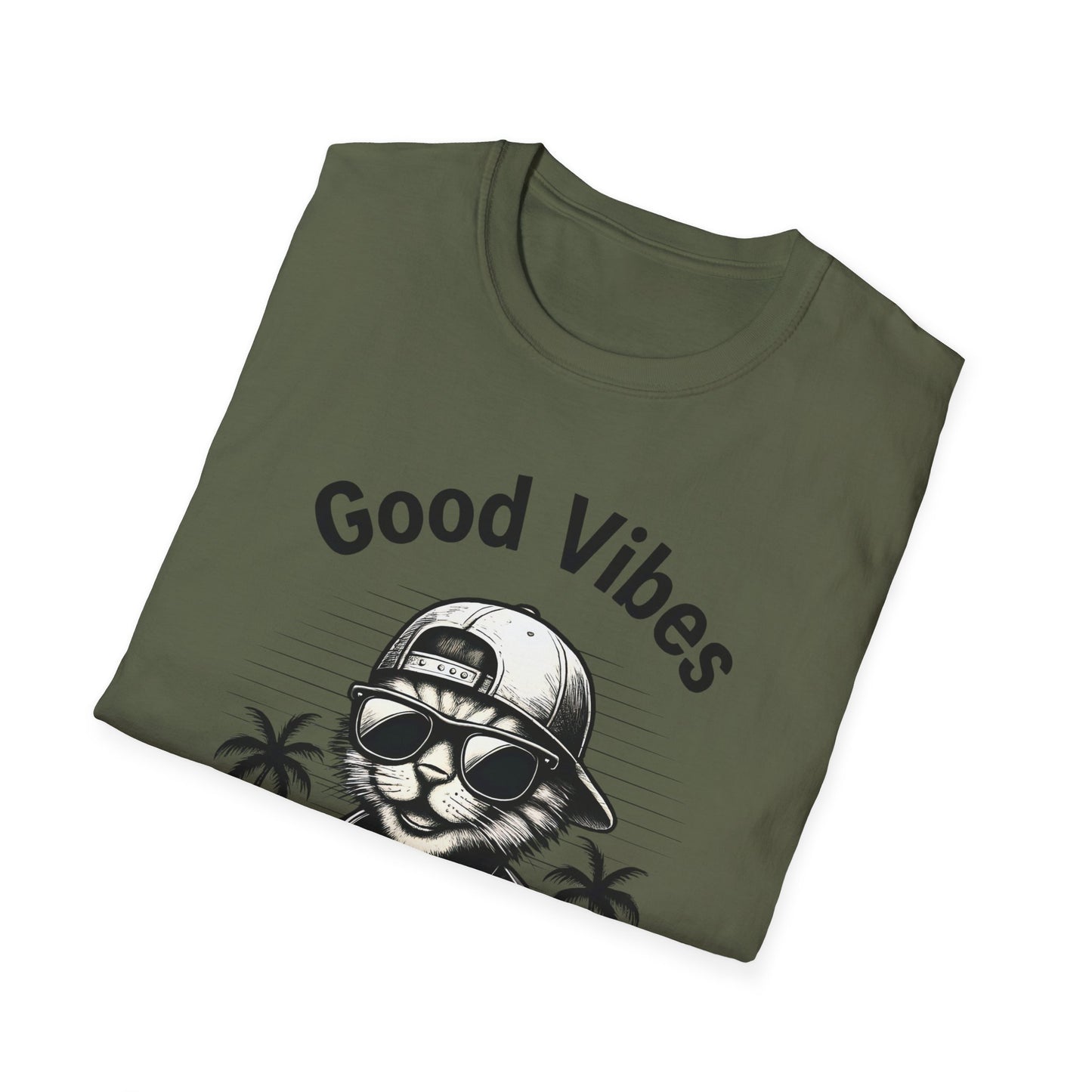 Good Vibes T-Shirt -  Cool Cat Relaxing with Tropical Drink Design
