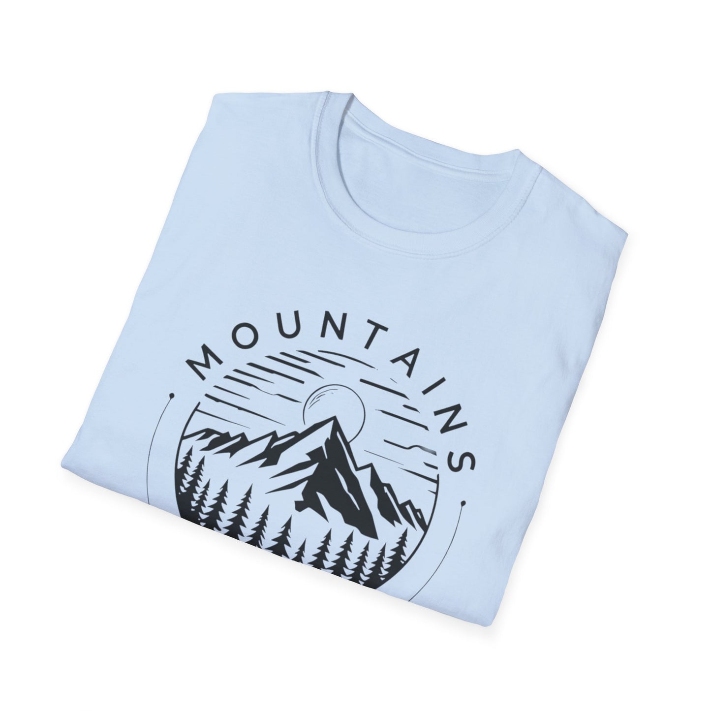 Mountains Call T-Shirt – Circular Nature Scene with Mountains, Trees & Sun Design